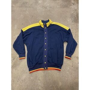 Vintage Saks Fifth Avenue Sweater Mens Large Navy Snap Front Made USA Knit 80s